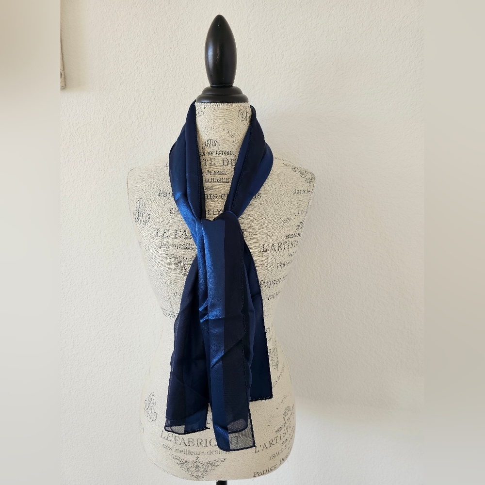 Midnight Navy Sheer & Satin Striped Scarf – Evening Wrap – 100% Polyester